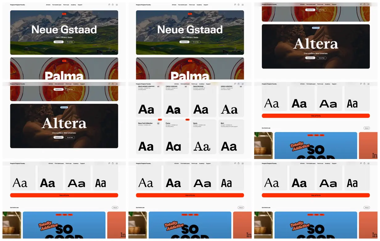 Nine frames from across Pangram Pangram font showcase