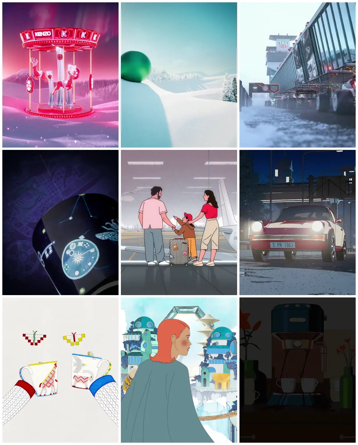 Nine frames from across Neon landscapes and illustrated worlds