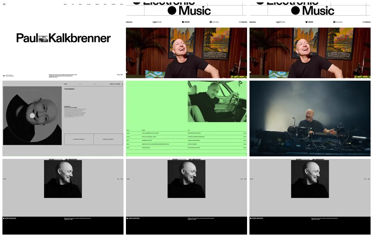 Nine frames from across Paul Kalkbrenner artist website