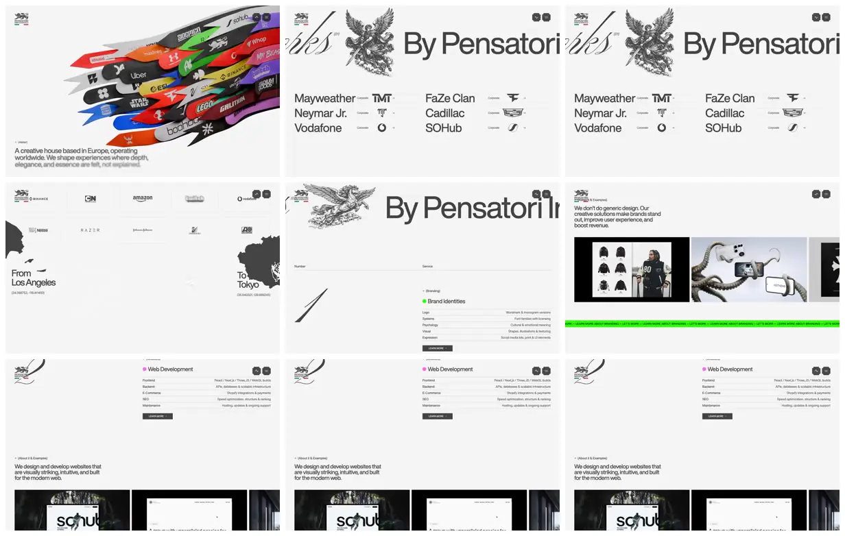 Nine frames from across Ribbons and engravings studio portfolio