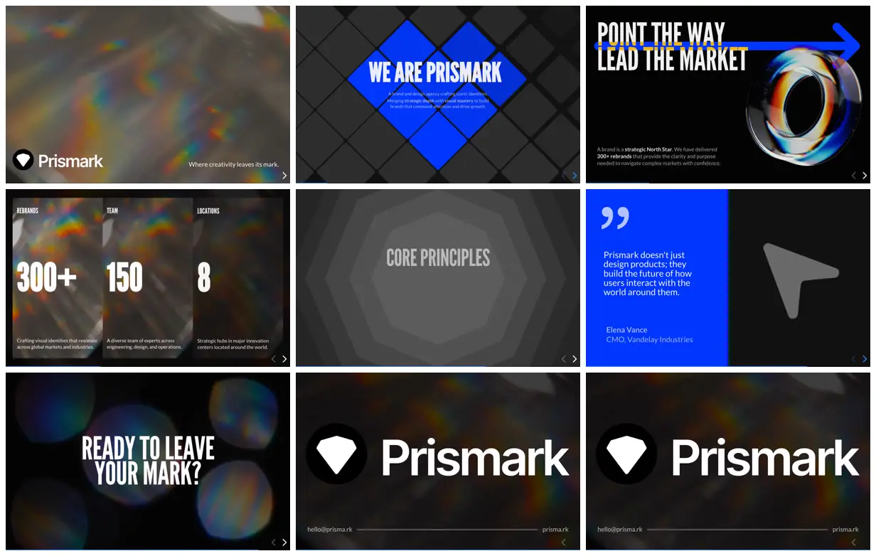 Nine frames from across Prismatic agency introduction