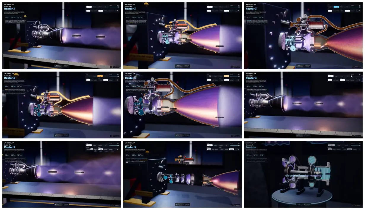 Nine frames from across Rocket engine cutaway explainer