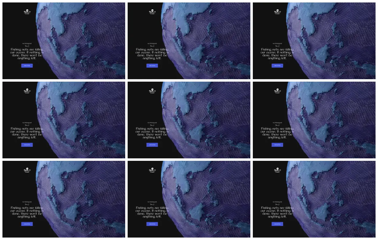 Nine frames from across A net-covered ocean globe