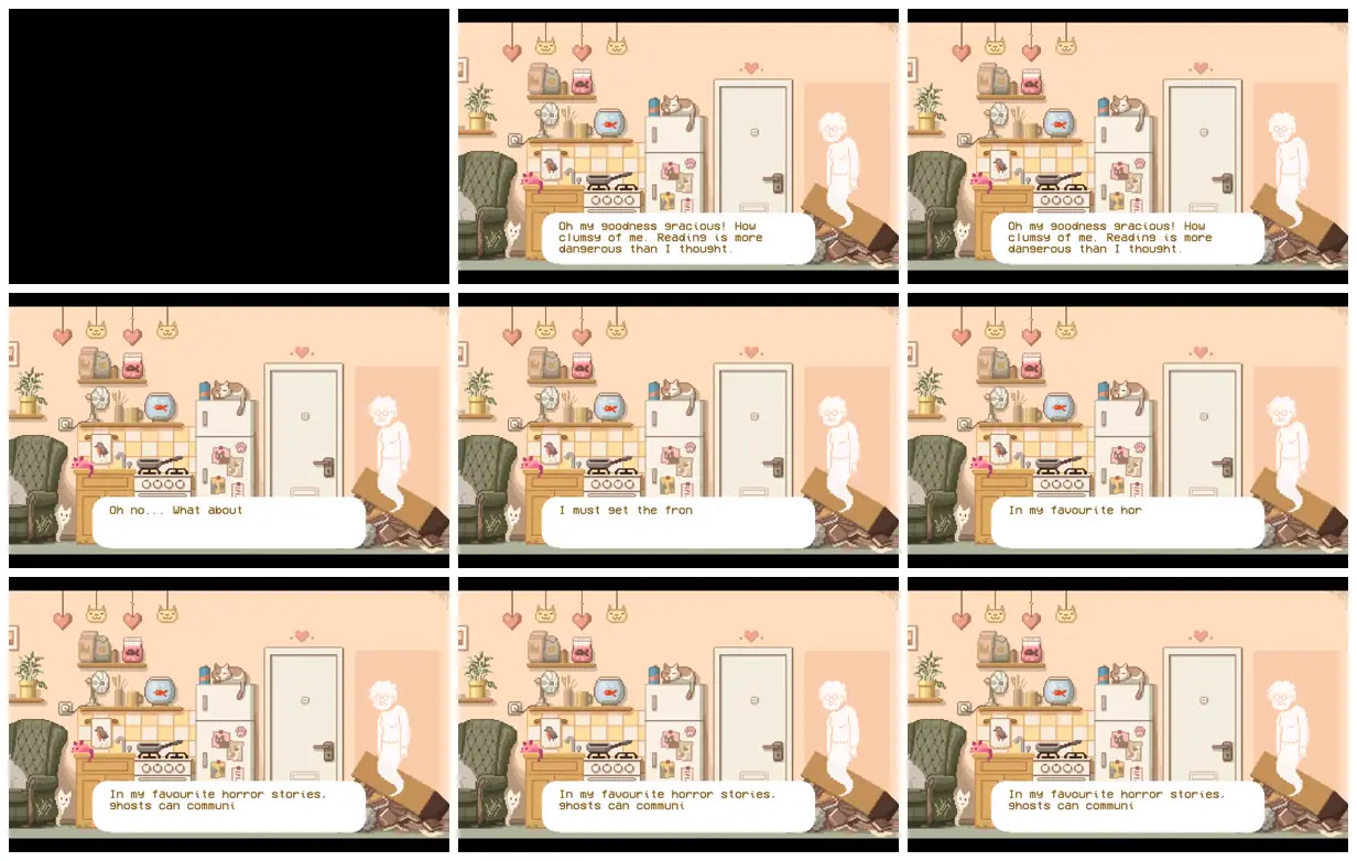 Nine frames from across A ghost in a cat-filled apartment