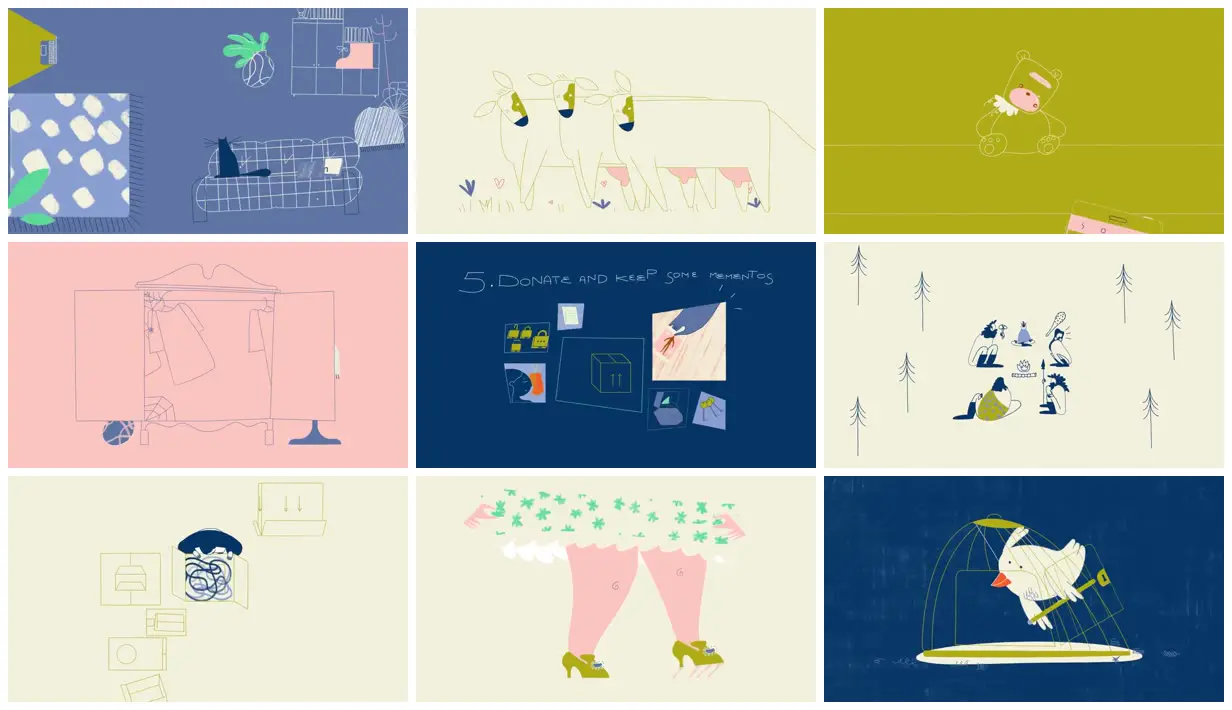 Nine frames from across Illustrated scenes of letting go