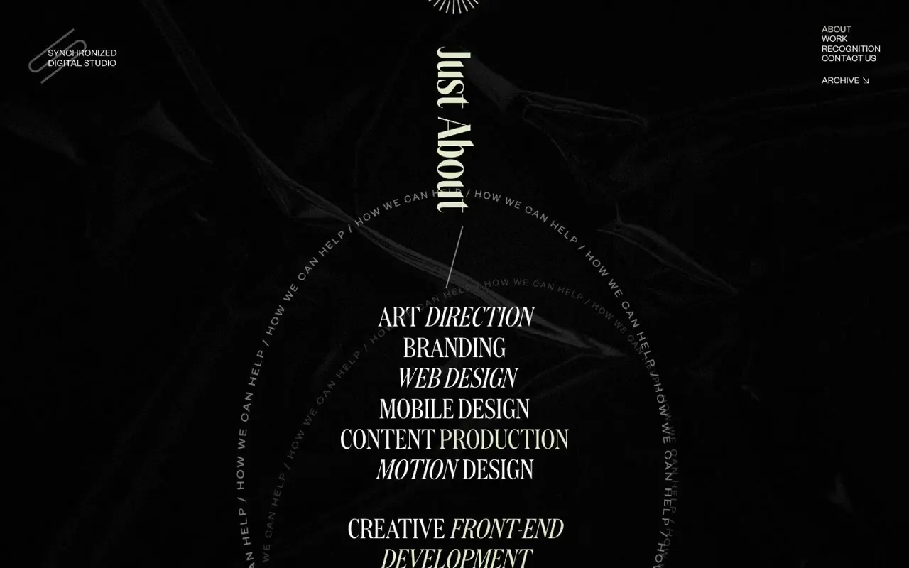 Frame from Dark studio with orbital typography