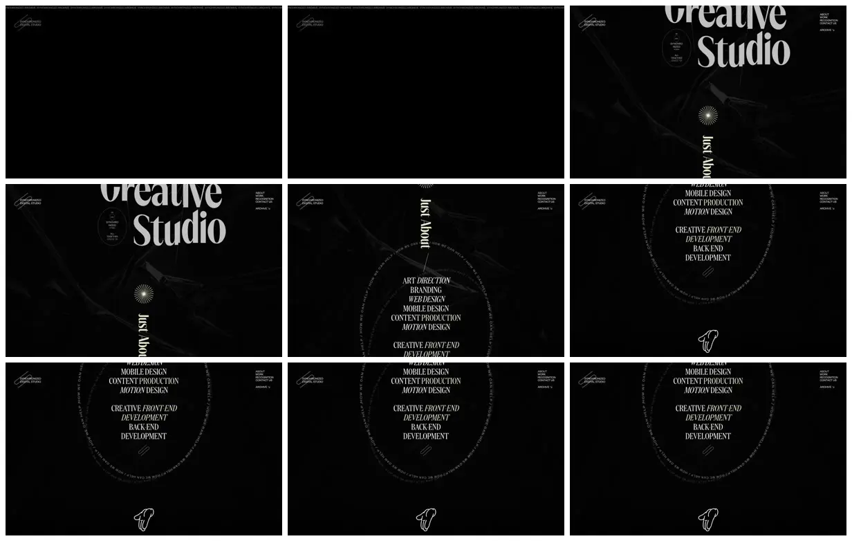 Nine frames from across Dark studio with orbital typography