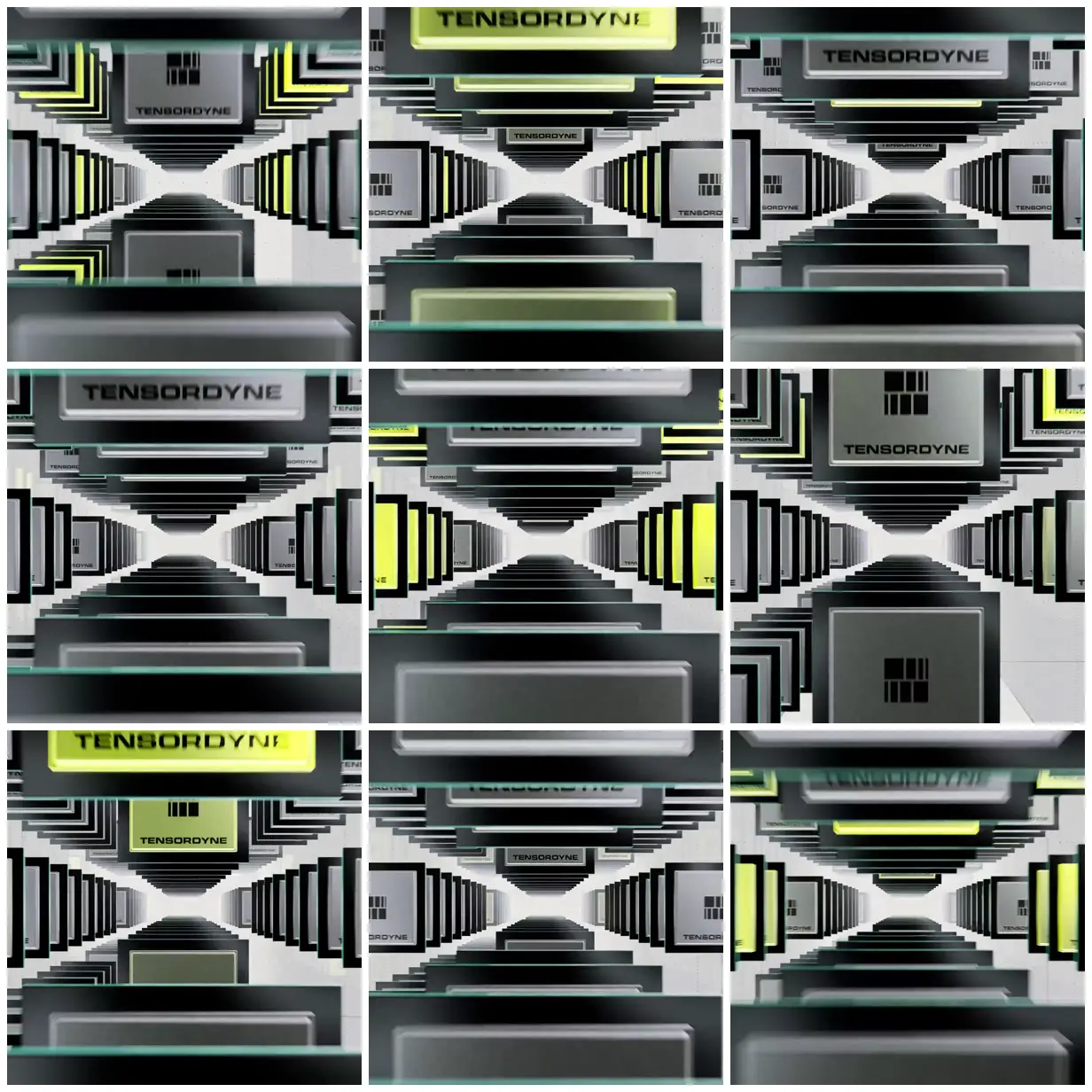 Nine frames from across A tunnel of luminous processor modules