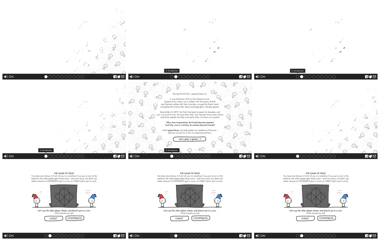 Nine frames from across A hand-drawn game of trust