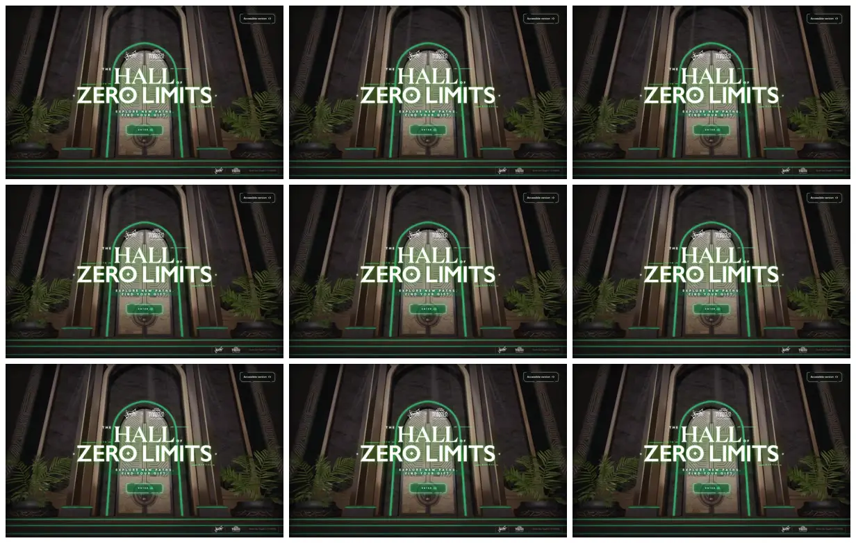 Nine frames from across The hall of zero limits