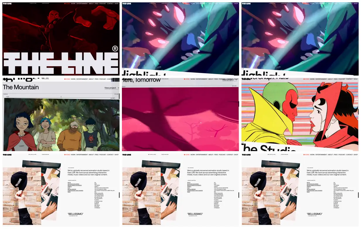 Nine frames from across Animation portfolio with overscan framing