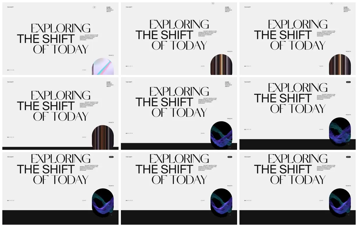 Nine frames from across The Shift typographic portfolio