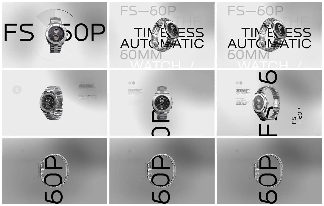 Nine frames from across A watch framed by monumental type