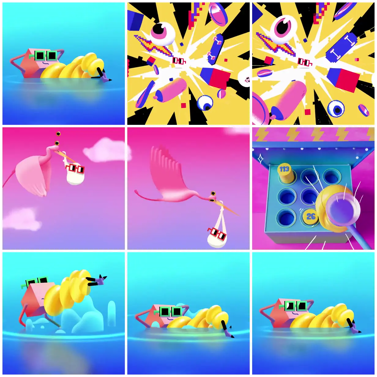 Nine frames from across Square glasses in a candy-colored world