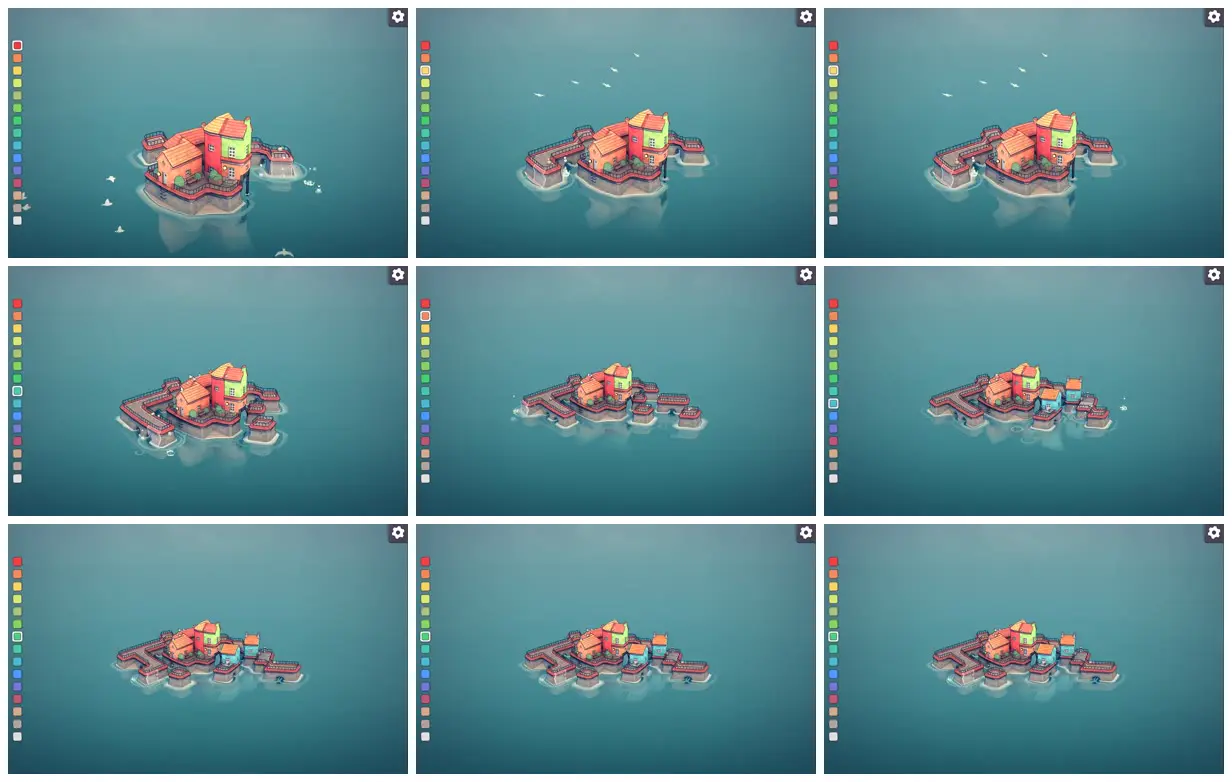 Nine frames from across Pastel town on a teal sea
