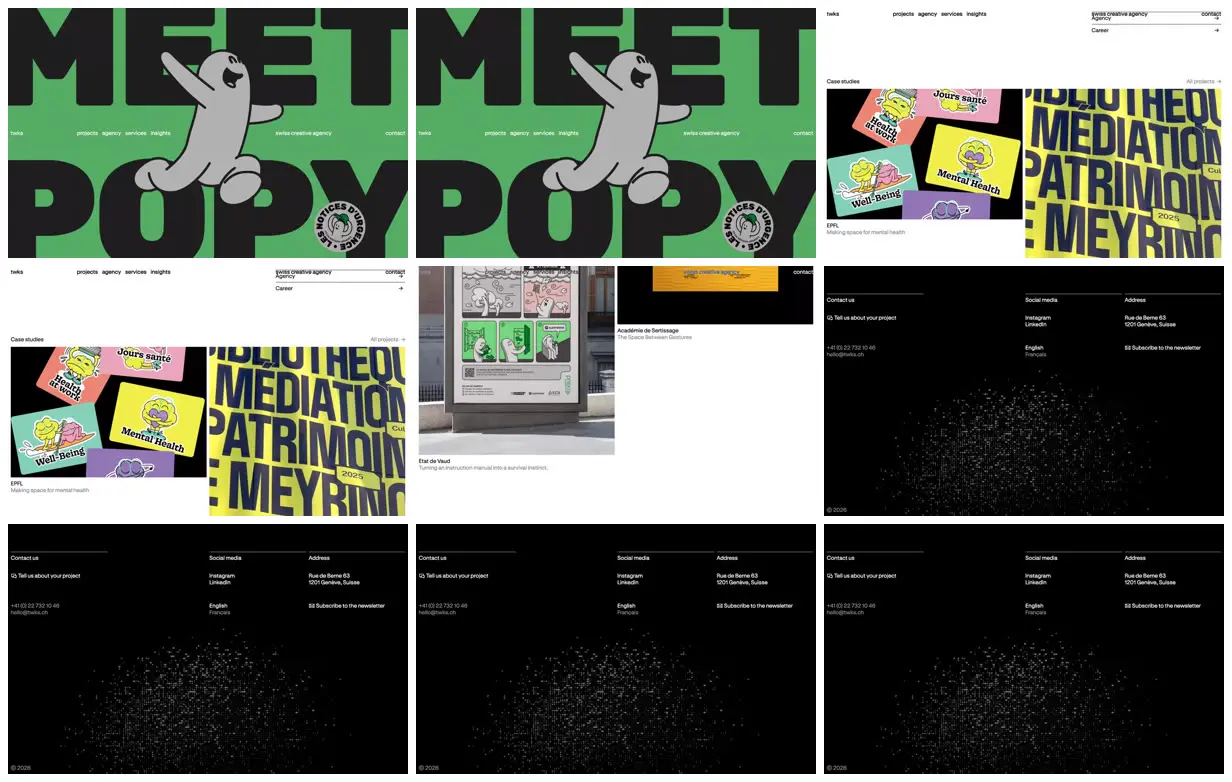 Nine frames from across Graphic agency portfolio with type cloud