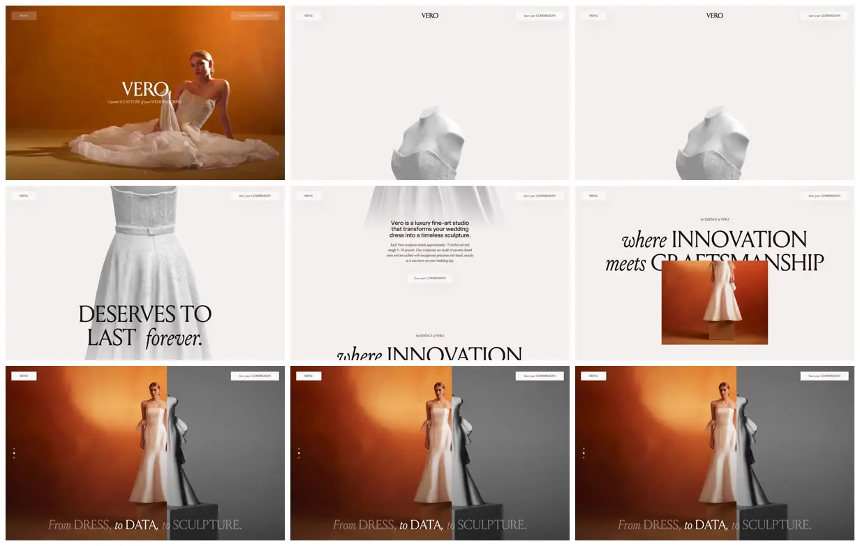 Nine frames from across Vero wedding dress sculptures