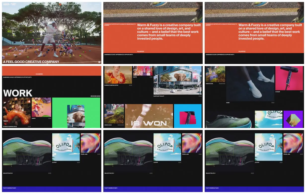 Nine frames from across Warm & Fuzzy creative portfolio