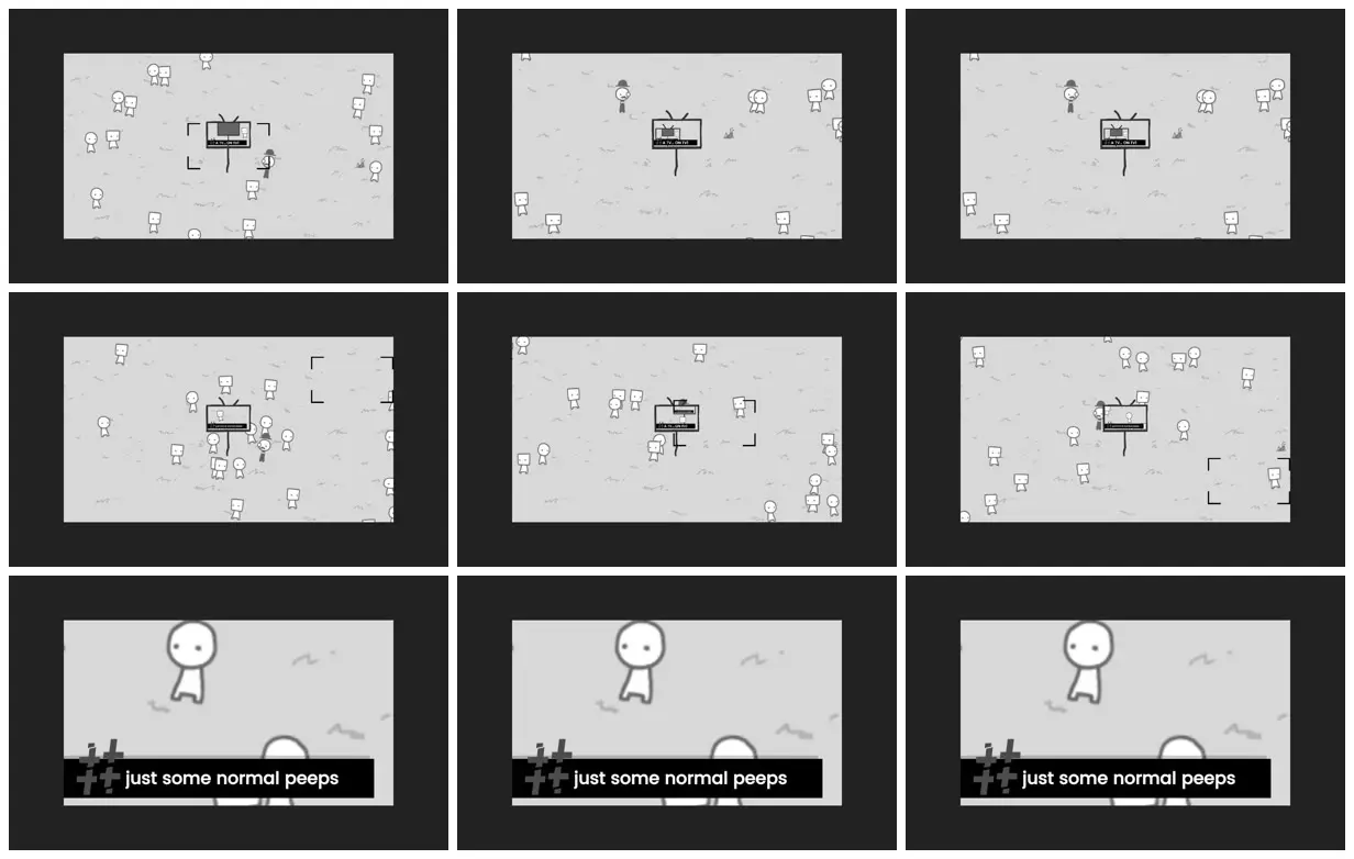 Nine frames from across A crowd through a camera frame