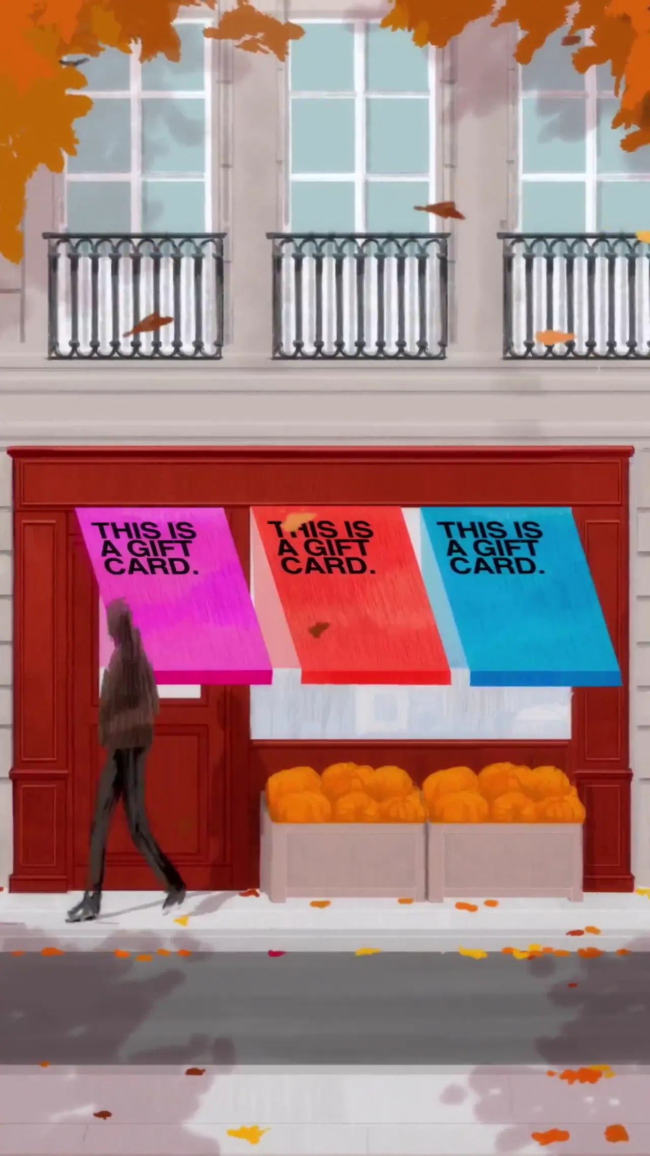 Frame from Gift cards become autumn cityscapes
