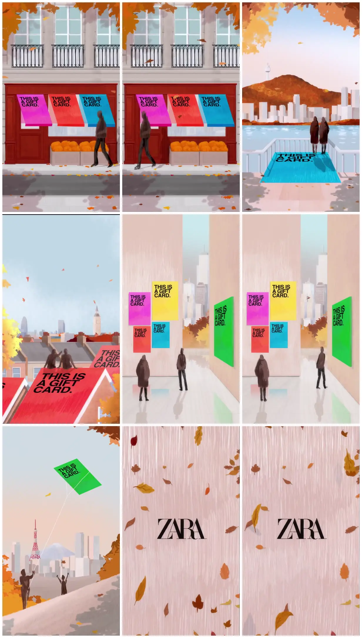 Nine frames from across Gift cards become autumn cityscapes