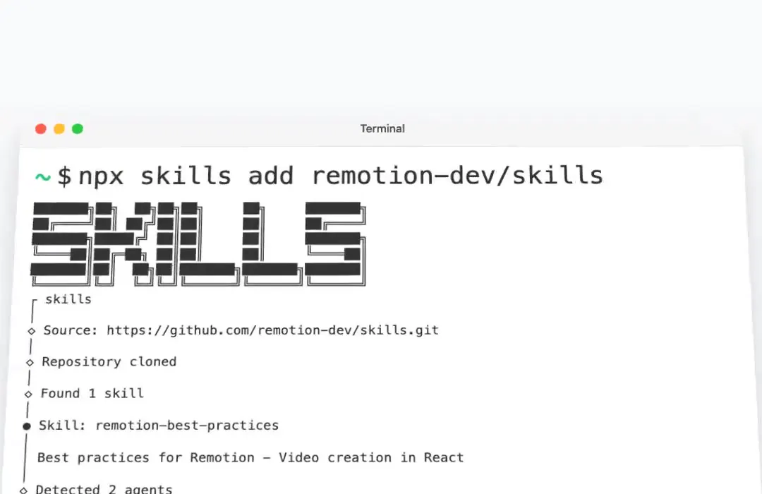 Frame from Remotion's Agent Skills launch animation