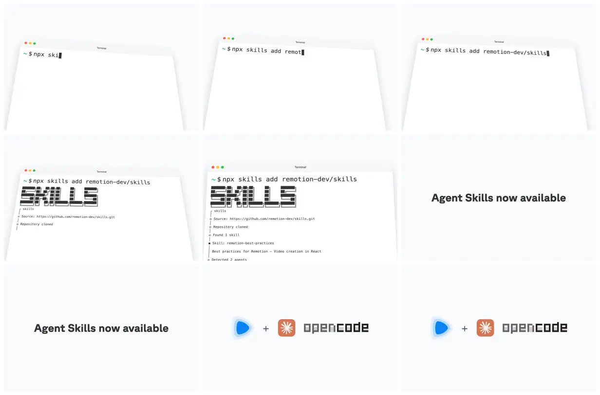 Nine frames from across Remotion's Agent Skills launch animation