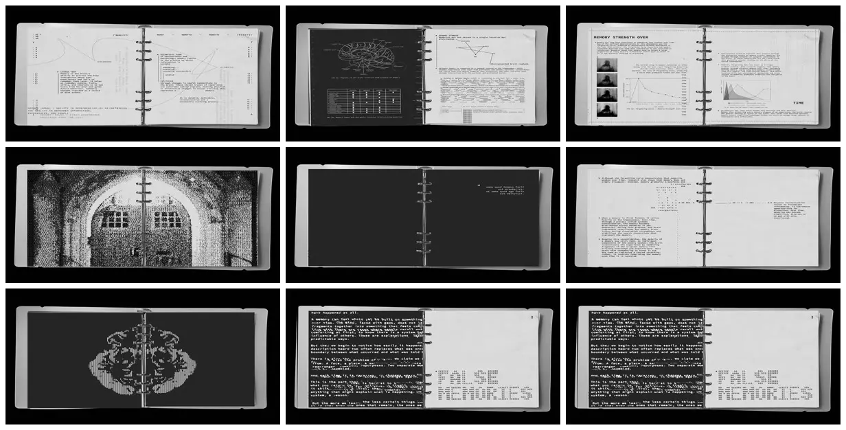 Nine frames from across Memory as a fragmented lab notebook