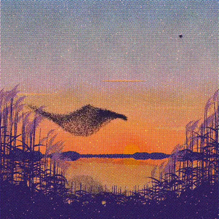 Frame from Risograph film of a starling murmuration
