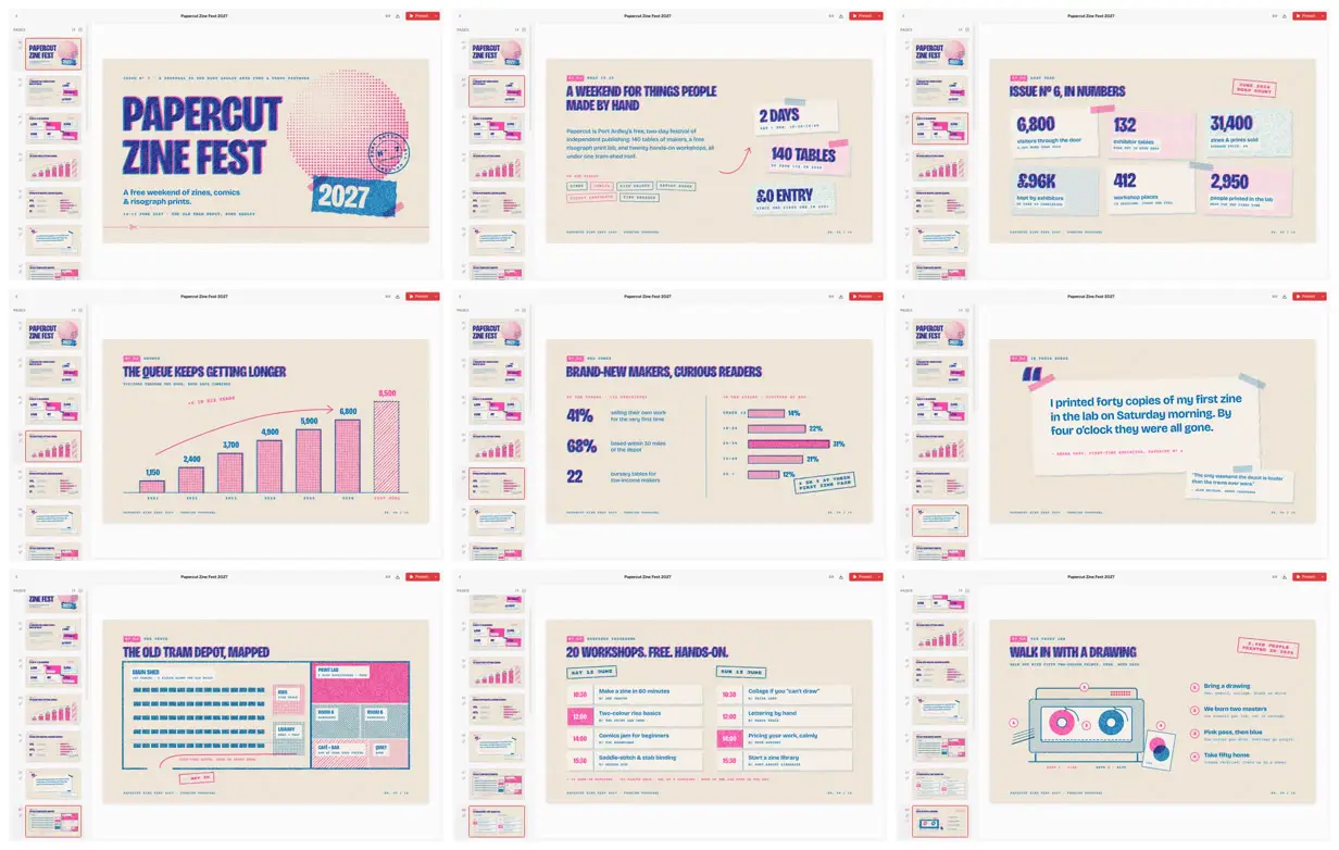 Nine frames from across Papercut zine fest funding proposal