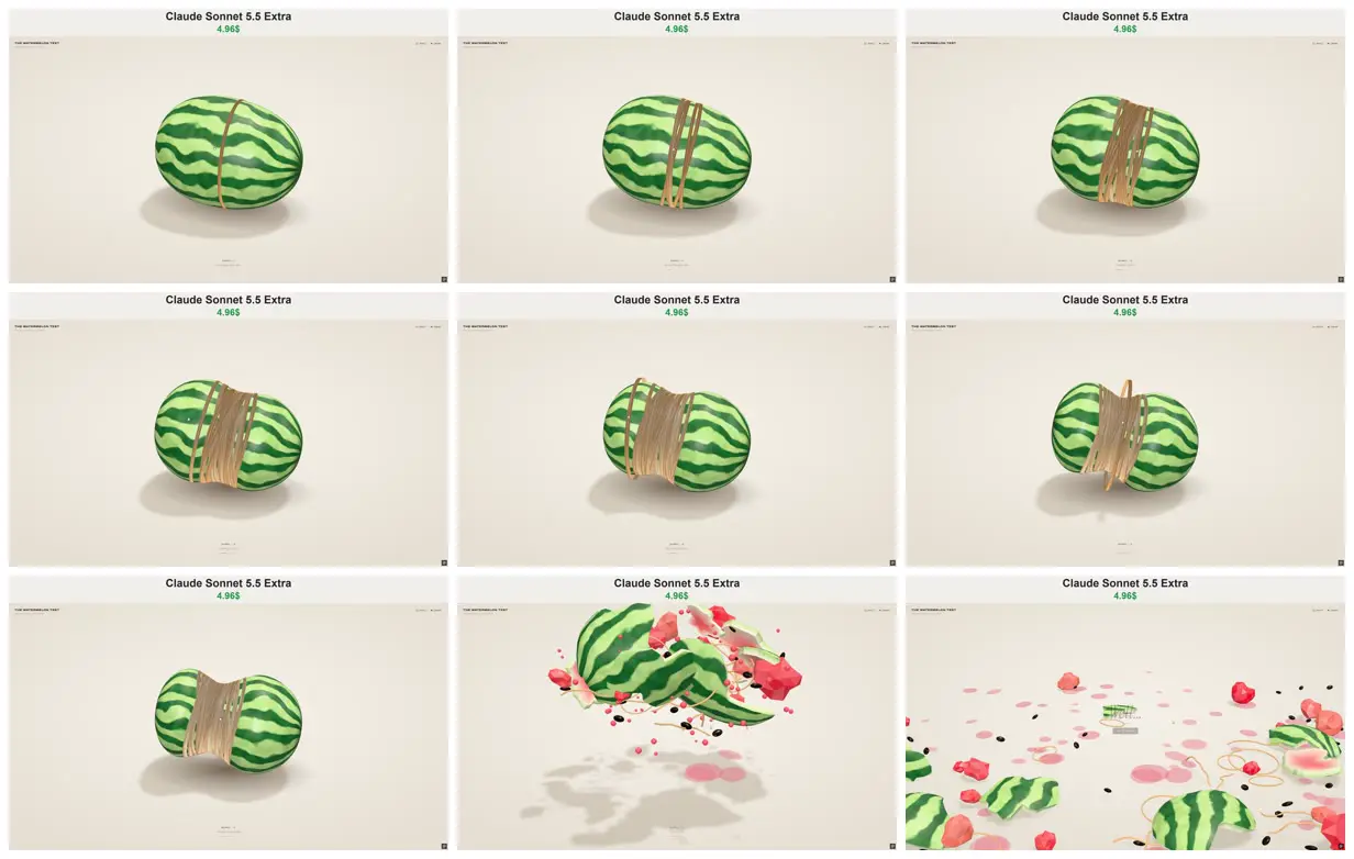 Nine frames from across Rubber bands bursting a 3D watermelon