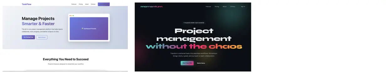 Nine frames from across SaaS landing page with an anti-slop prompt