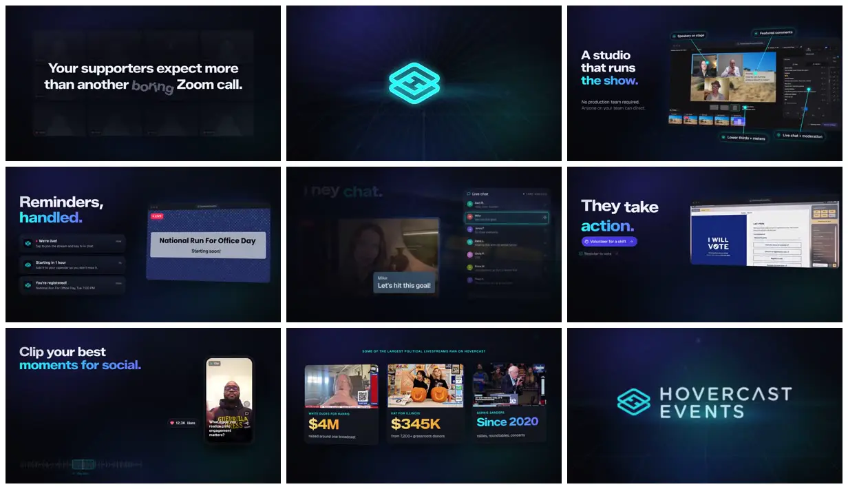 Nine frames from across Launch video for a livestreaming product