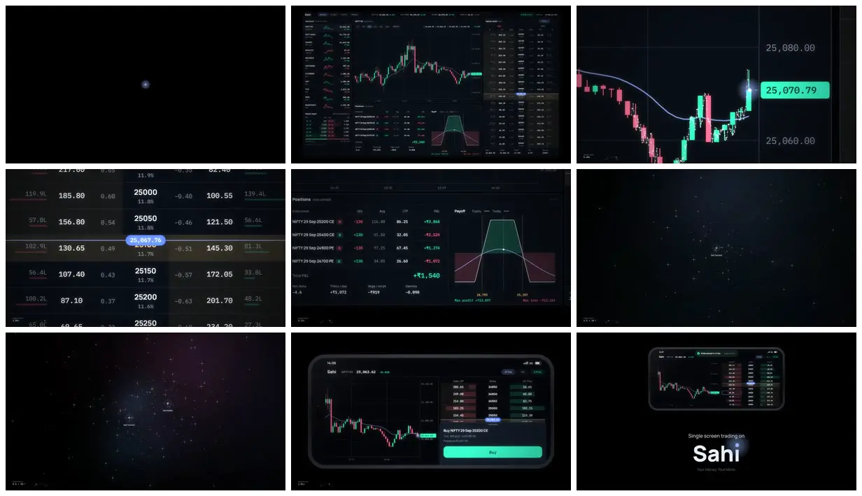 Nine frames from across Trading terminal launch, from dot to phone