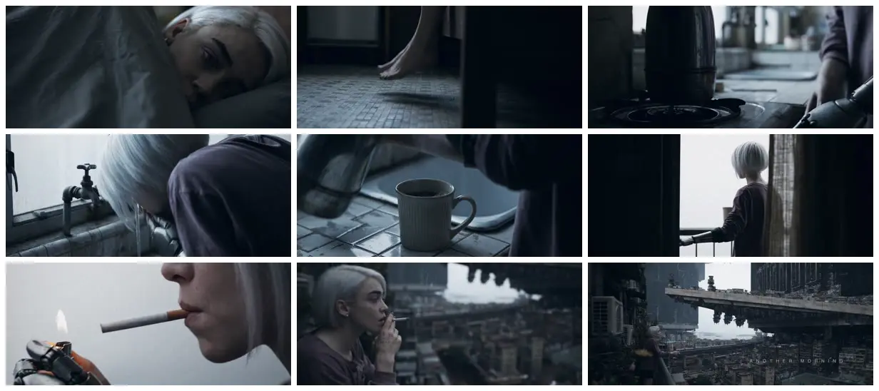 Nine frames from across Sci-fi morning routine with a world reveal