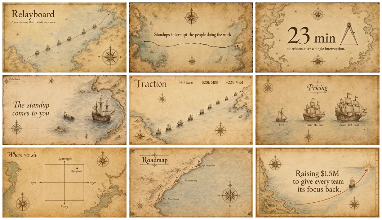 Nine frames from across A pitch deck drawn as a sea chart