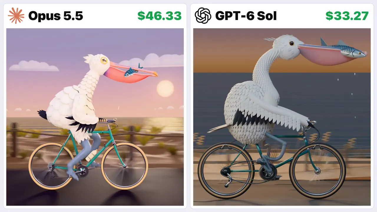 Frame from Looping 3D pelican on a bike at sunset