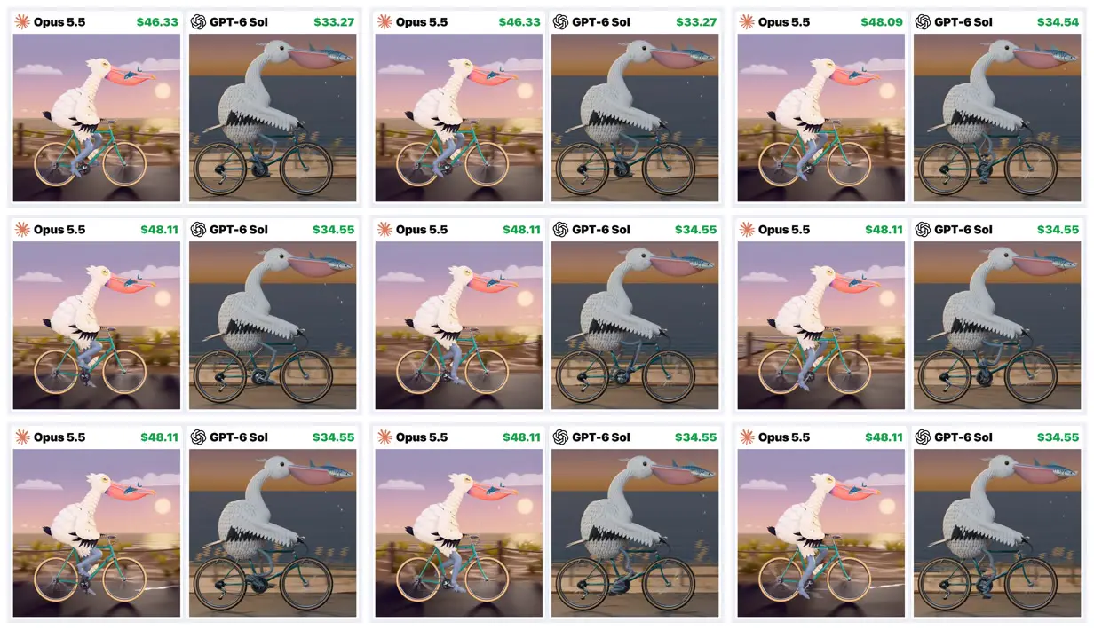 Nine frames from across Looping 3D pelican on a bike at sunset