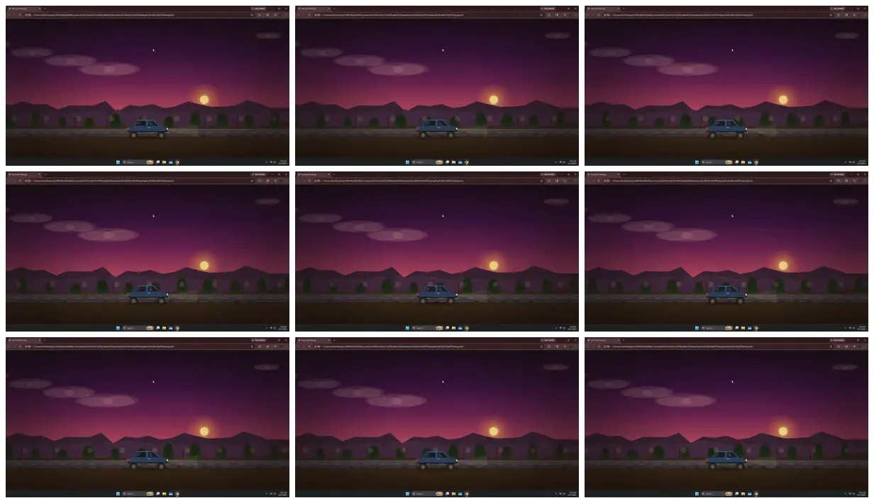 Nine frames from across Seamless side-view car loop with parallax