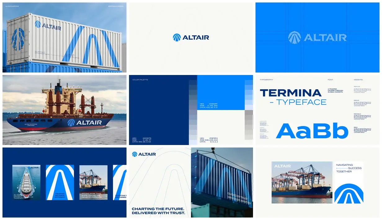 Nine frames from across Shipping identity in blue and cream