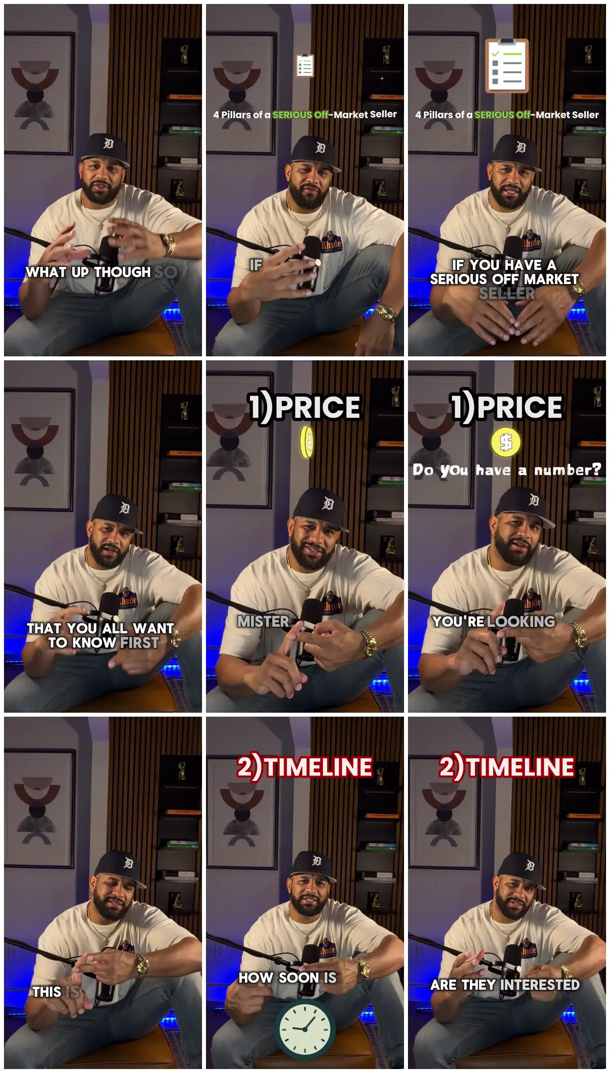 Nine frames from across Real estate talking-head edit, captioned
