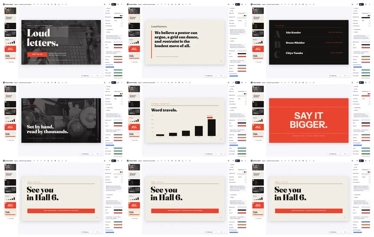 Nine frames from across Signal editorial festival deck