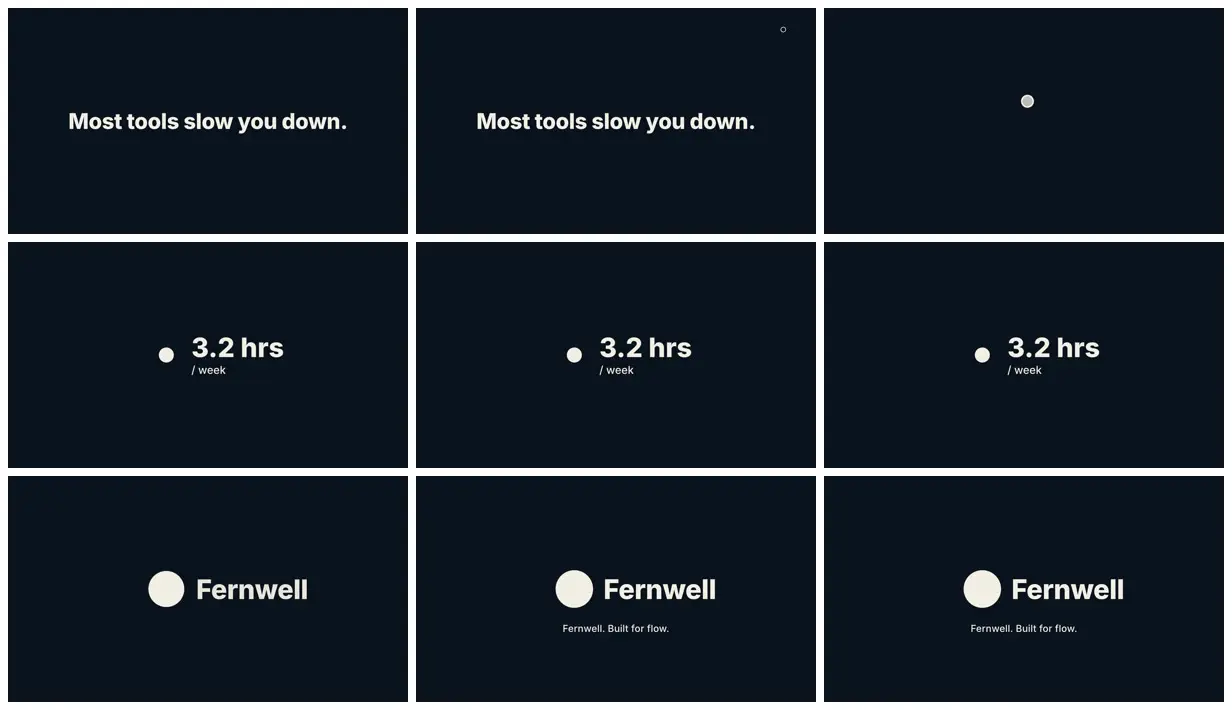 Nine frames from across Silent three-frame storyboard for Fernwell