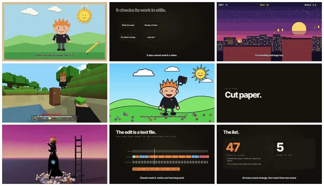Nine frames from across Code-drawn character in six art styles
