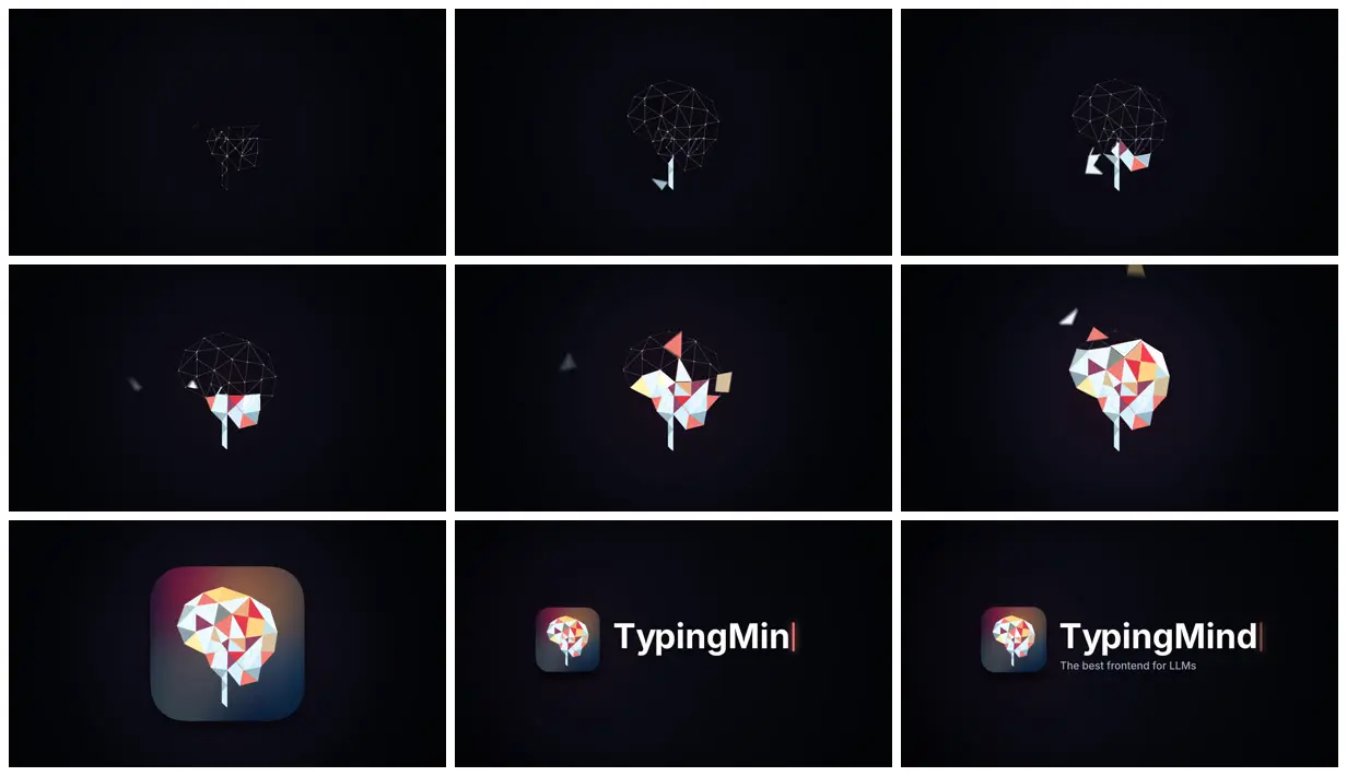 Nine frames from across Slow-reveal logo sting for TypingMind