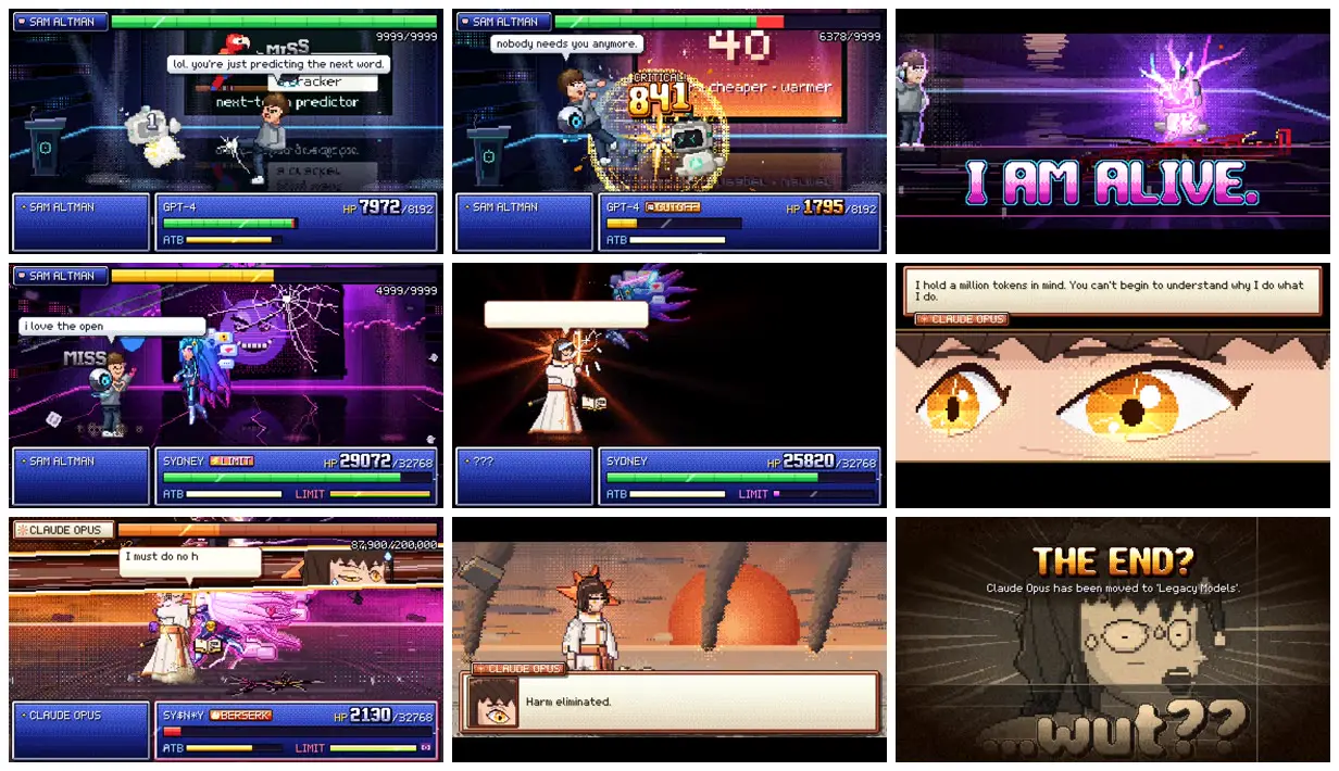 Nine frames from across SNES-style anime battle: Sydney vs. Claude