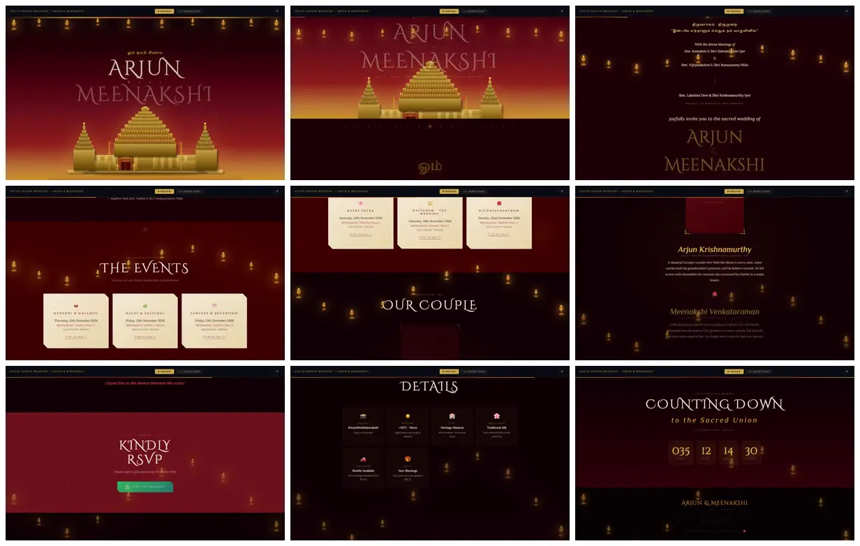 Nine frames from across South Indian temple wedding invitation