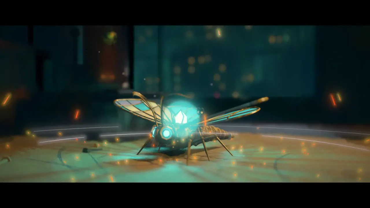 Frame from Arcane-style painterly 3D shot of a moth