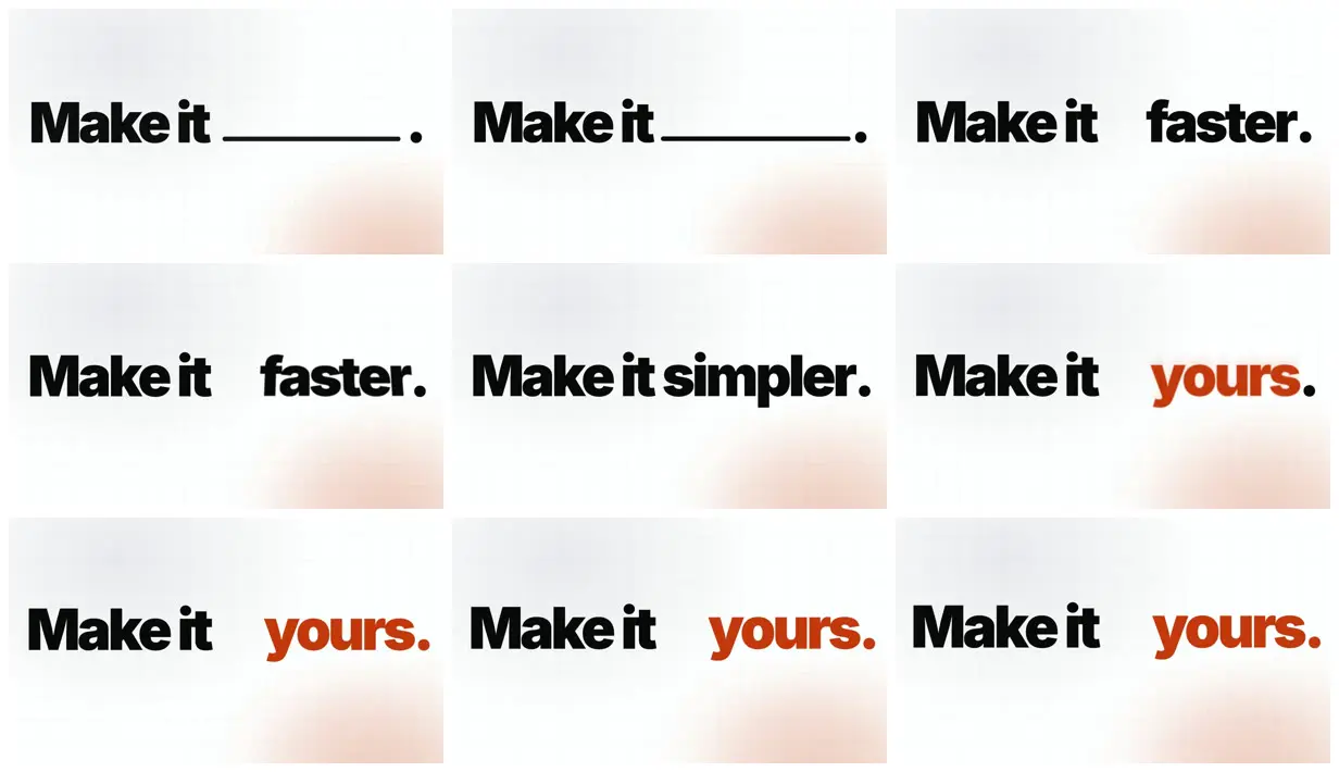 Nine frames from across Split-flap word swap: "Make it yours."