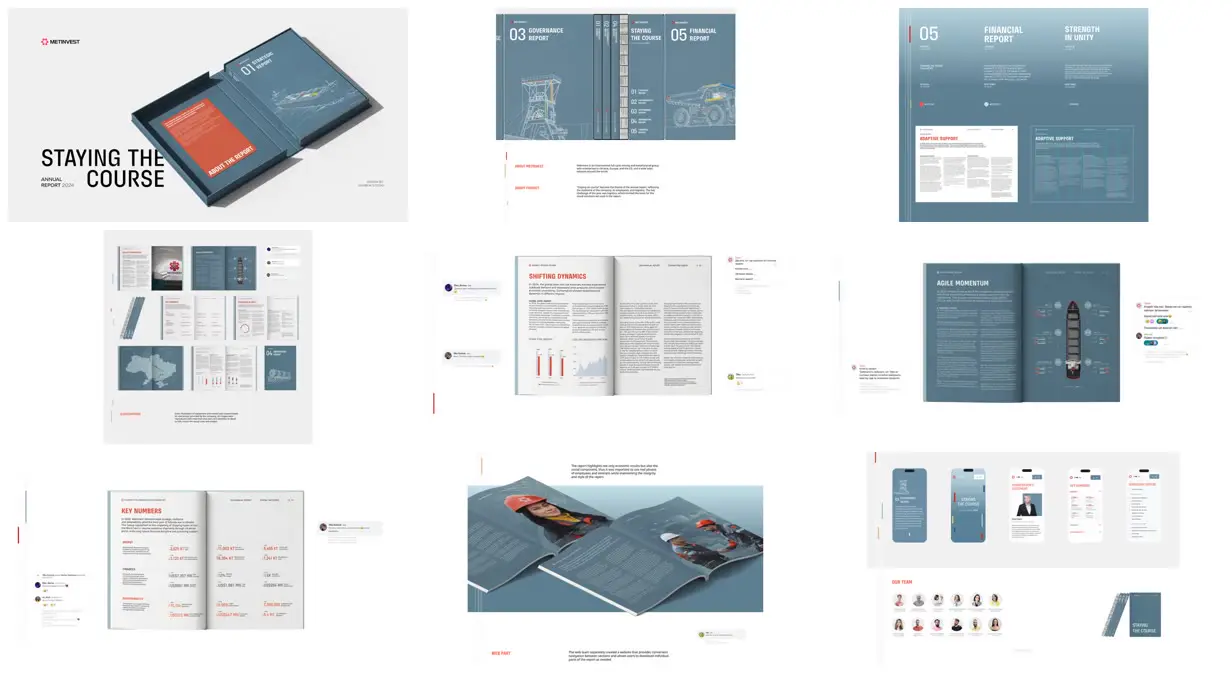 Nine frames from across Steel-blue industrial annual report